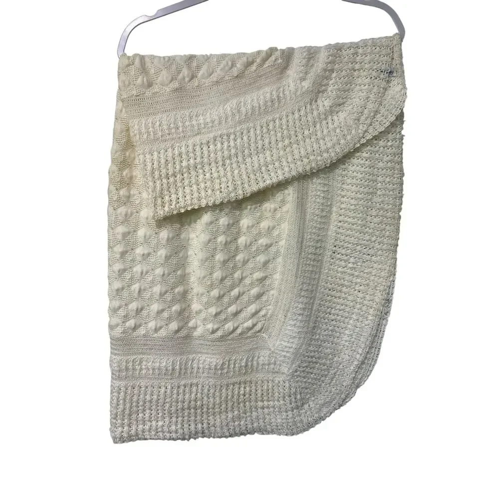 Vintage 1970s Baby Blanket Styled by Allegheny Ivory Popcorn Knit USA FLAW
